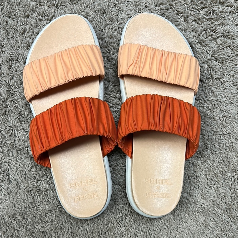 Sorel Orange Tan Slide Sandals with Ruffle Design
